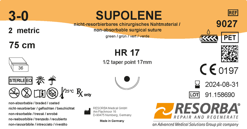 Суполен USP2-0 зелений, довжина 75см, колюча голка 17мм, 1/2 кола